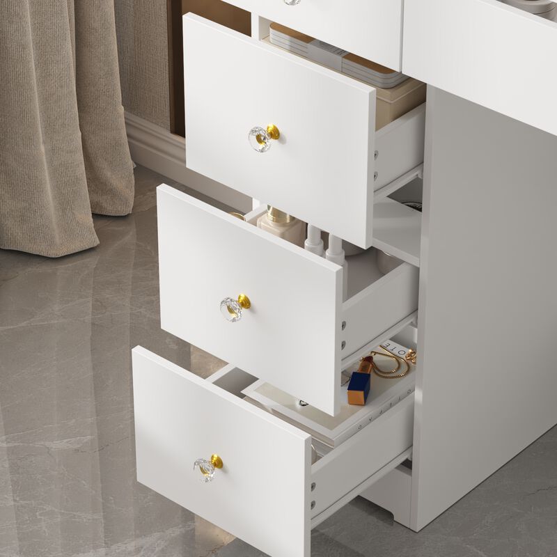 FUFU&GAGA Large Mirror Vanity Dresser with 9 Drawers & LED Lighting, Tempered Glass Top, Open Shelf, and Crystal Knobs, Modern White Finish (43.3 in.  W x 15 in.  D x 55 in.  H),White