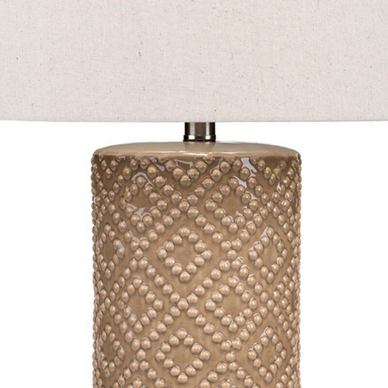 Ceramic Table Lamp with Diamond Pattern, White and Beige-Benzara