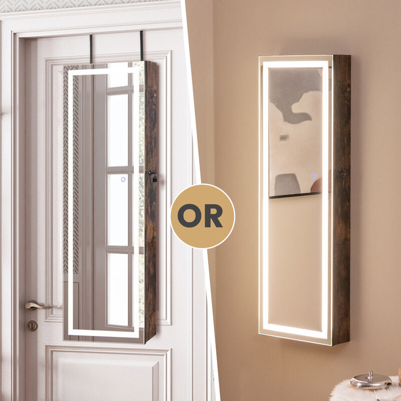 Mirrored Jewelry Armoire with Full Length Mirror and 2 Internal LED Lights