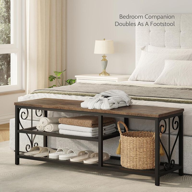 Shoe Bench with Shoe Rack, 47.2" L Entryway Bench with Seating, 2-Tier Shoe Organizer with Rustic Wood Top & Metal Frame for Entryway image number 3