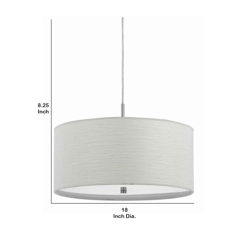 Drum Style Pendant Fixture with Fabric Shade and Brushed Details, White - Benzara