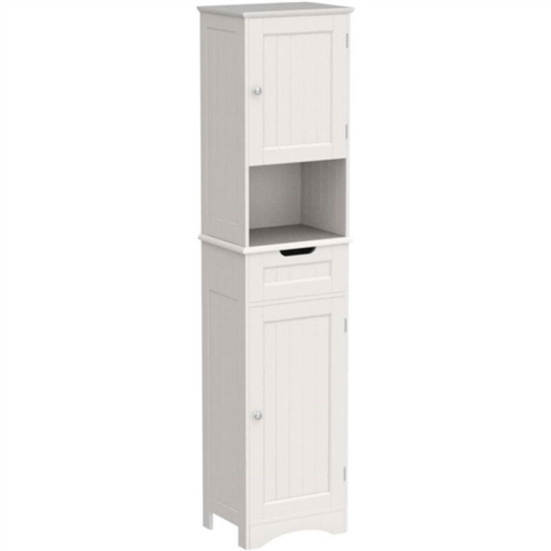 Slim Bathroom Linen Tower with Double Doors, Storage Drawer & Shelf