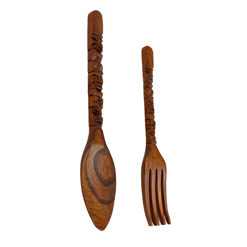 16 Inch Carved Tiki Spoon & Fork Wooden Wall Decor Art Utensil Decoration Set image number 1