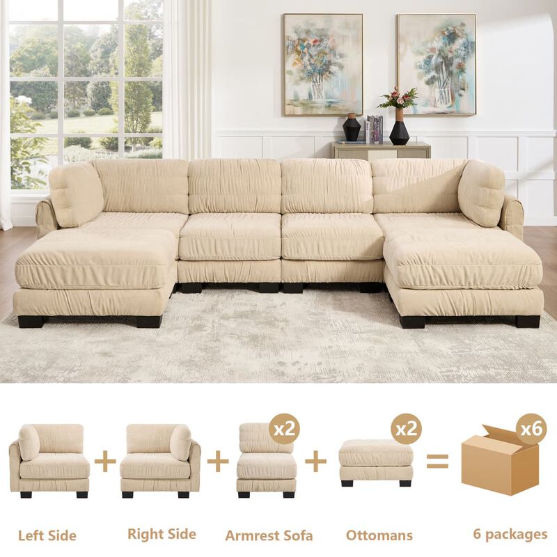 4 seat modular sectional sofa, Chenille L shaped sectional couch with ruched detailing, Modular sectional with 2 movable ottomans image number 5