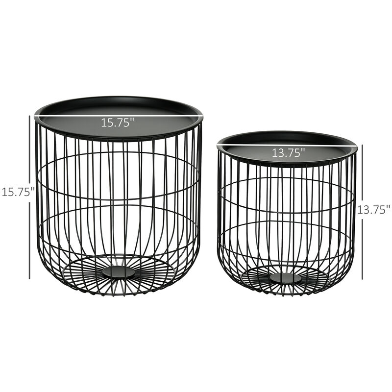 HOMCOM Nesting Coffee Tables, Round Coffee Table Set of 2 with Steel Wired Basket Body and Removable Top, Stacking End Tables Blanket Storage for Living Room, Black