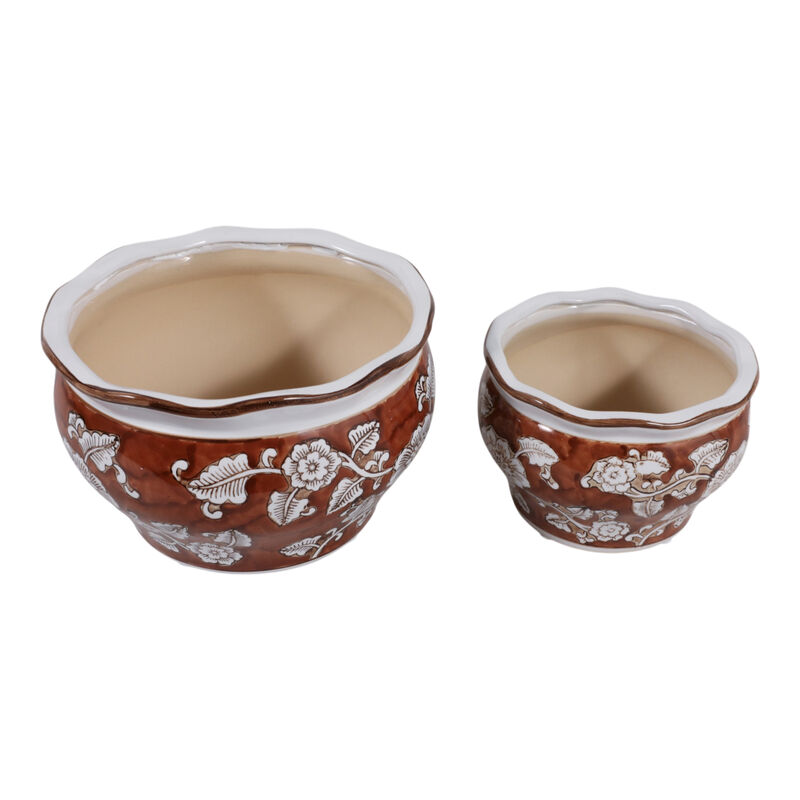Cer, S/2 6/8" Round Chinoisere Planters, Brown image number 3