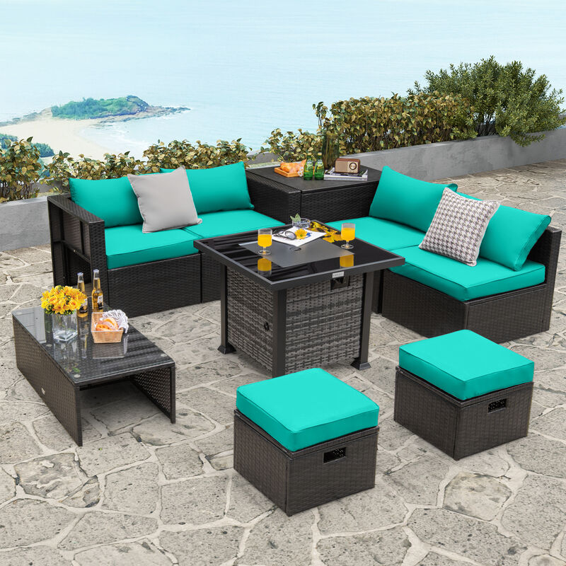 Outdoor 9-Piece Rattan Furniture Set with Fire Pit Table &ndash; Weather-Resistant Sofa with Cushions