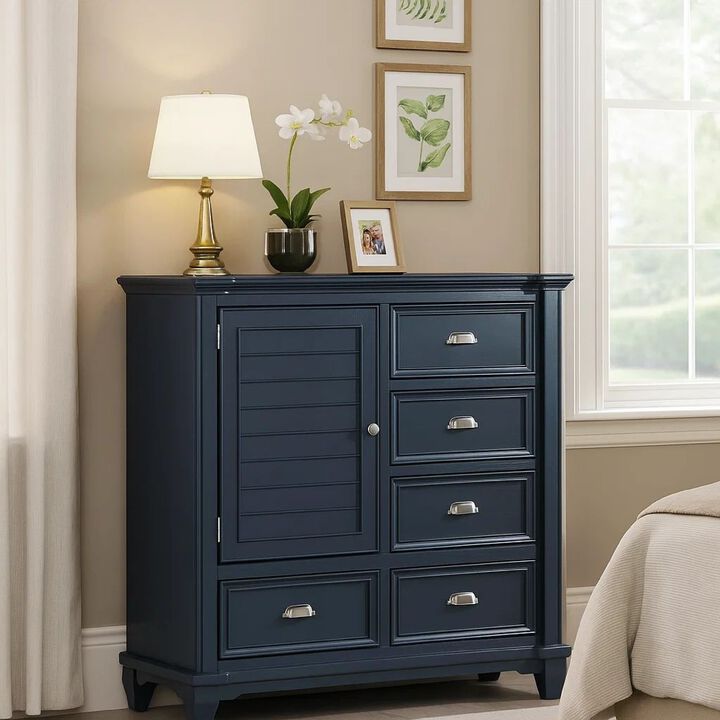 Zeny Bedroom Armoire, 48 Inch, 5 Drawers w 1 Cabinet, Slate Blue Solid Wood