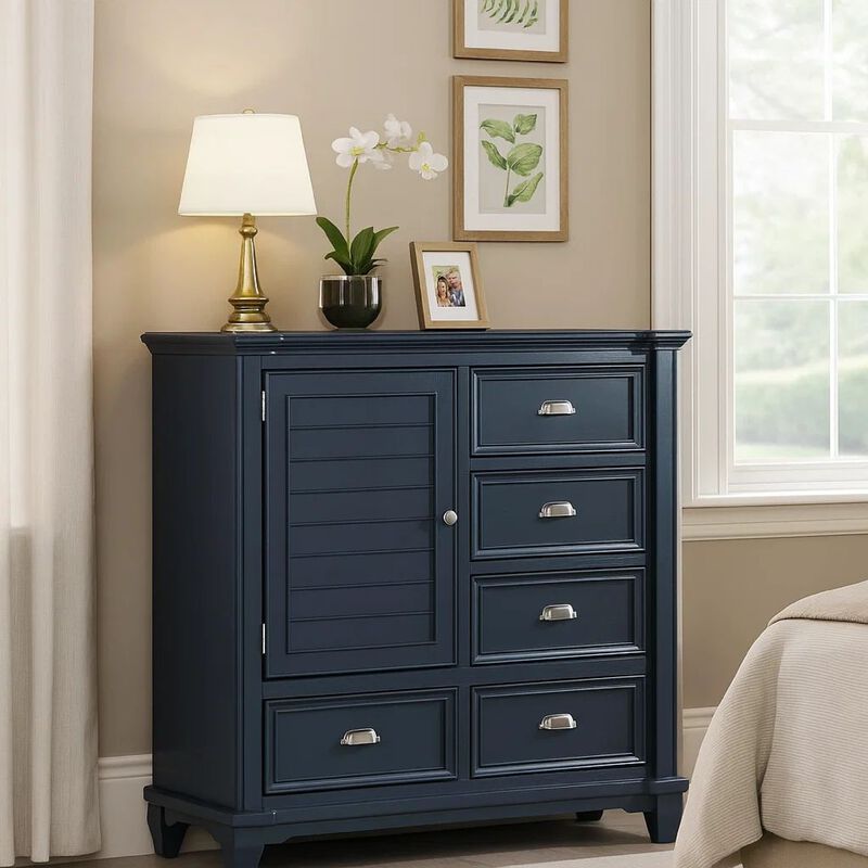 Zeny Bedroom Armoire, 48 Inch, 5 Drawers w 1 Cabinet, Slate Blue Solid Wood image number 1
