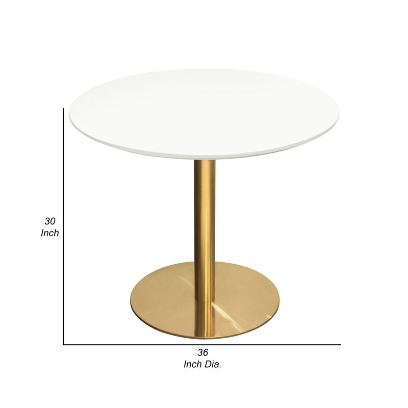 Rely Dining Table, 36 Inch Round White Lacquer Top, Gold Metal Base image number 4