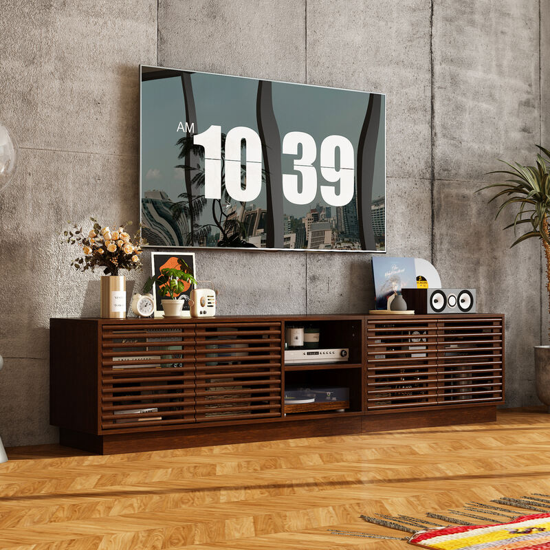 FUFU&GAGA Modern Wooden TV Stand with Slatted Doors – Stylish & Functional Storage (78.7" W x 18.8" H x 15.7" D), Brown