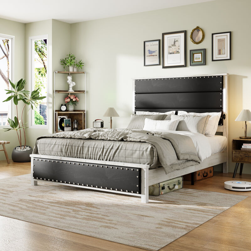 Size Bed Frame with Upholstered Headboard, Bed Frame with Charging Station and LED Lights, Wood Slats, Dark Gray Faux Leather & Rivets, No Box Spring Needed, Easy Assembly
