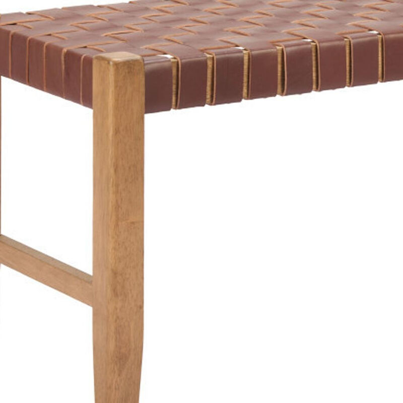 HomeRoots 48" Brown and Natural Genuine Leather and Solid Wood Bench image number 4