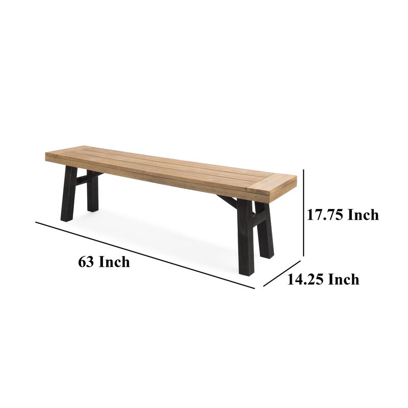 Wren Outdoor Bench with Slatted Top, 63 Inch Brown Acacia Wood, Black - Benzara