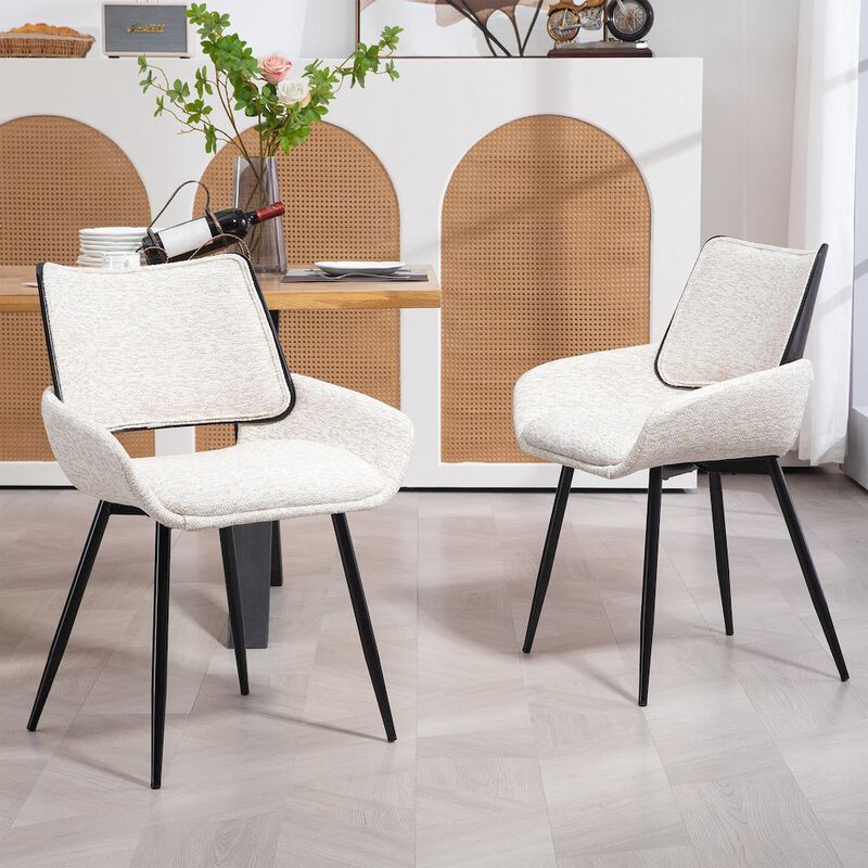 Glamour Home Set of 2 Bea White Two-Toned Linen Fabric Dining Chair with Black Iron Legs