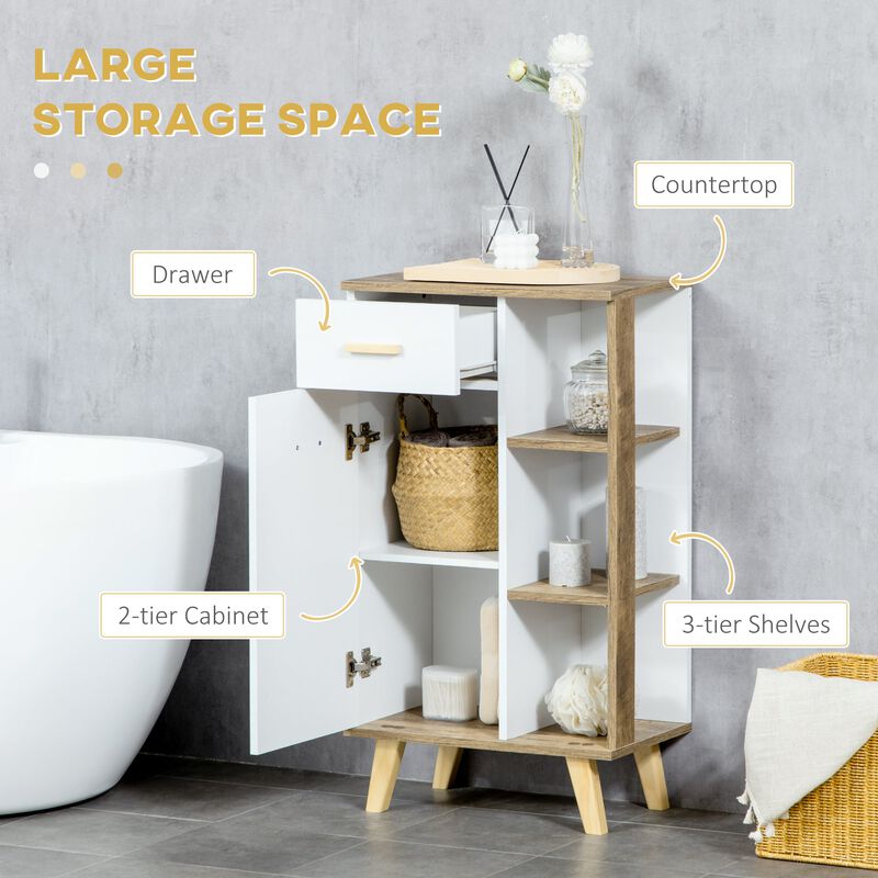 White/Natural Bathroom Storage: Floor Cabinet with Drawer & Shelves