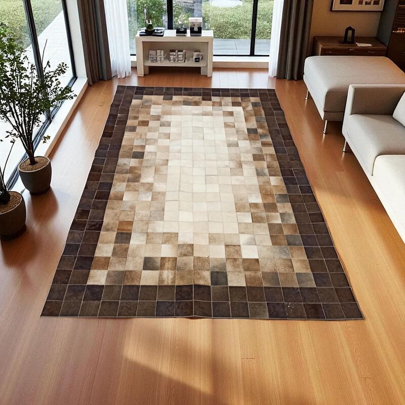 Ombre Cowhide Rug, Brown and Beige Leather Patchwork Carpet, Modern Handmade Leather Rug, Custom Size Available image number 5