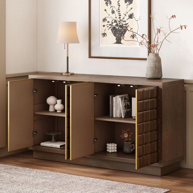 Whisen Modern 4-Door Storage Cabinet with 3D Geometric Doors & Metal Trim