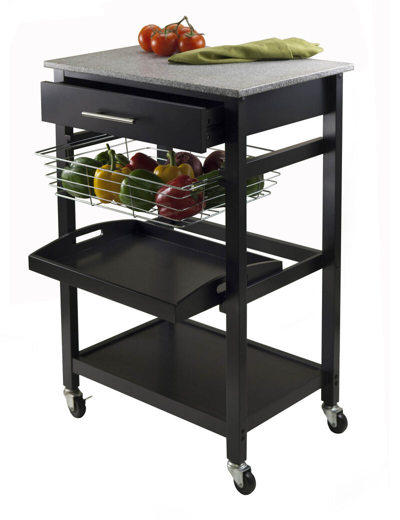Julia Utility Kitchen Cart, Granite Top, Black