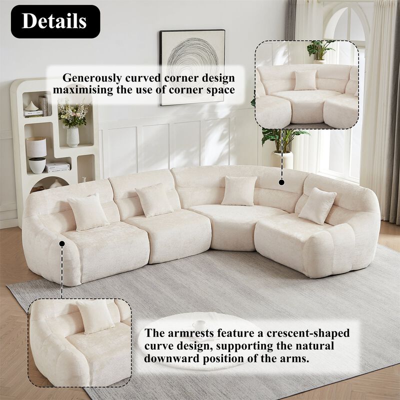 Clihome 123.2" Modern Luxury Curved Sectional Sofa, Chenille Modular Cloud Sofa with 4 Pillows image number 3