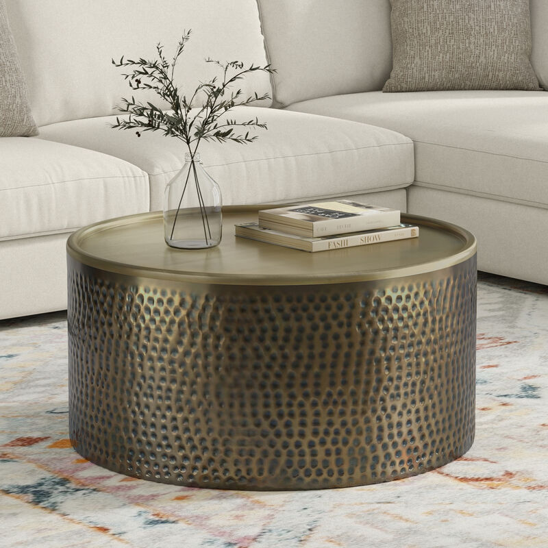 Corbin 32 inch Wide Boho Contemporary Coffee Table in Hammered Antique Gold Iron, Assembled