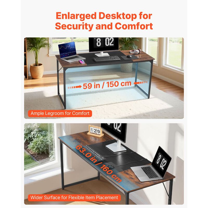Home Office Computer Desk, Modern Writing Workstation with Steel Frame and Large Legroom-Rustic Brown image number 5