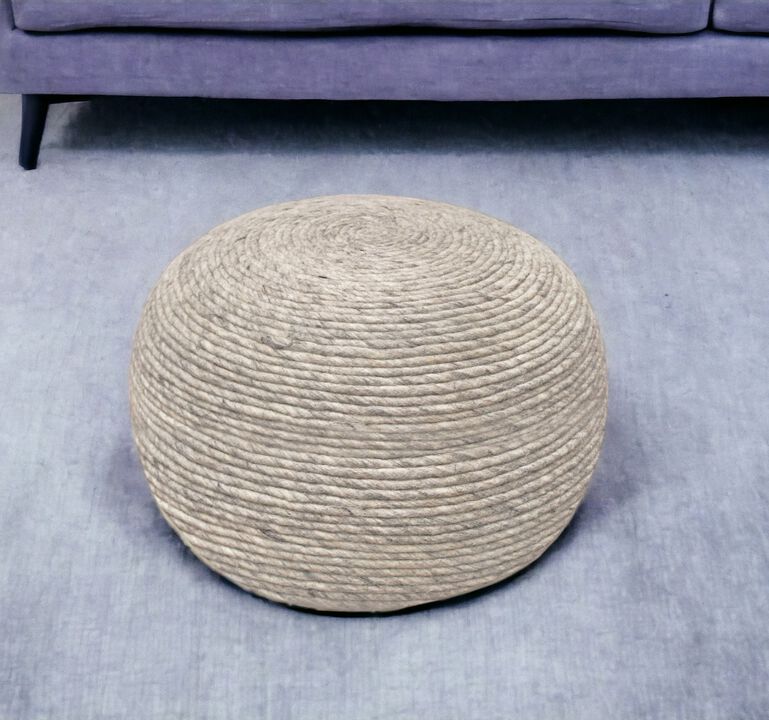 Hivvago 20 Inch Gray Wool Round Ribbed Pouf Ottoman