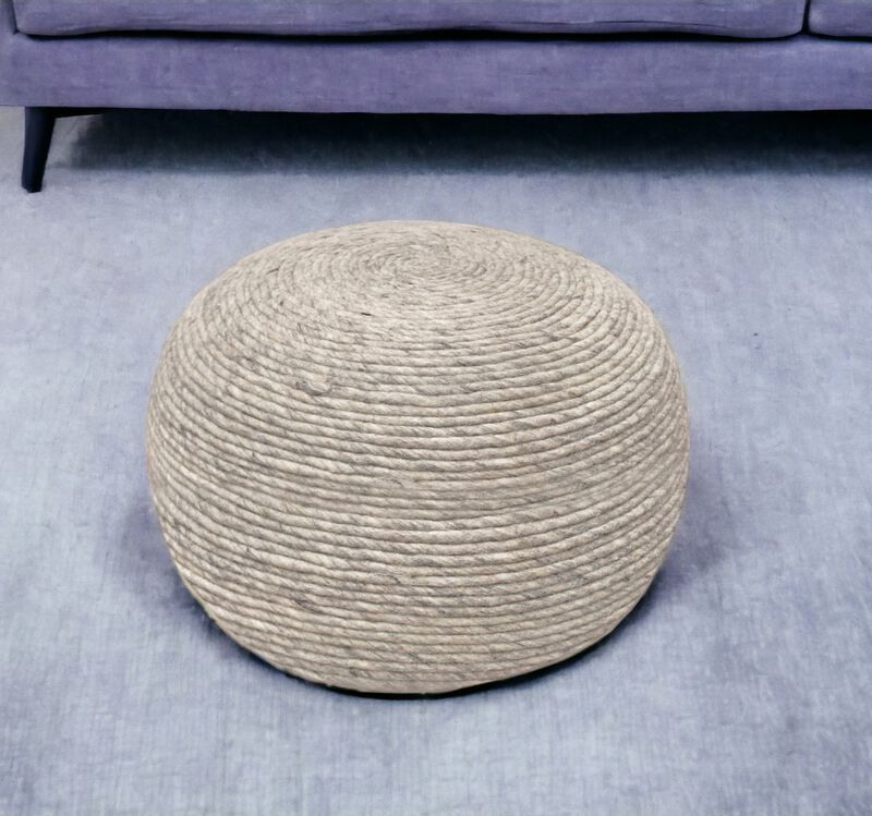 Hivvago 20 Inch Gray Wool Round Ribbed Pouf Ottoman