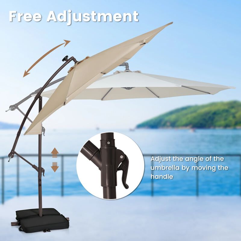 Mondawe 10 Feet Cantilever Umbrella with 32 LED Lights and Solar Panel Batteries