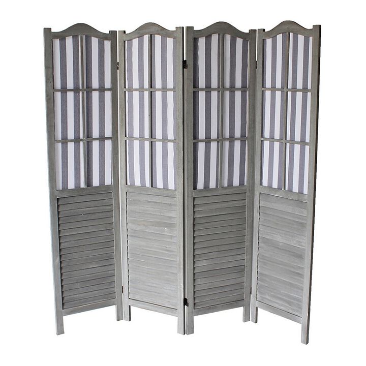 4 Panel Arc Shutter Style Room Divider with Slat Panelling, Gray-Benzara