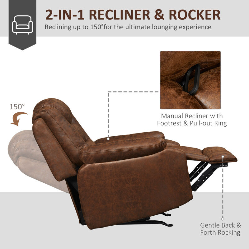 HOMCOM Overstuffed Manual Recliner Chair with Thick Sponge Padded Headrest and Armrest, Rocking Function, for Living Room, Brown