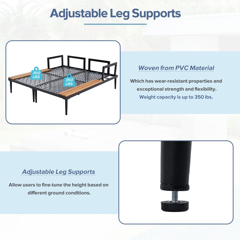 2-in-1 Outdoor Sofa Daybed for Poolside/Balcony, Wood-Topped Side Spaces & Padded Lounges