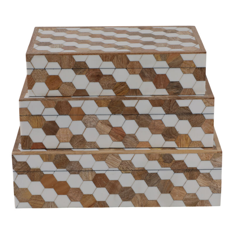 S/3 10/11/12" Hexagon Inlay Boxes, White image number 4