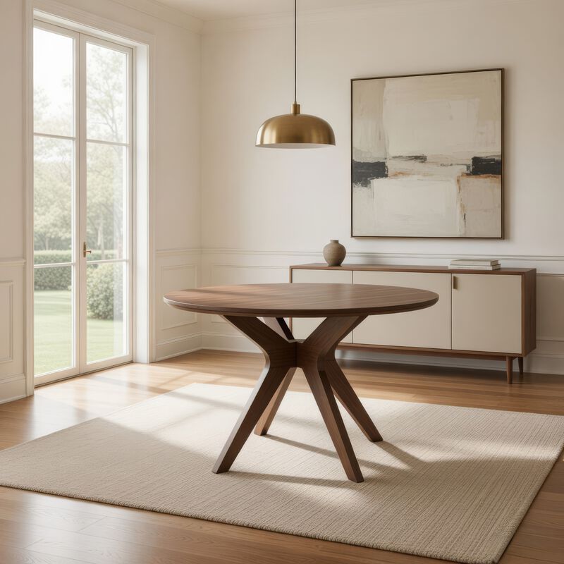 Jeyn Round Dining Table, Modern Curved Base, 45 Inch Brown Mango Wood image number 7