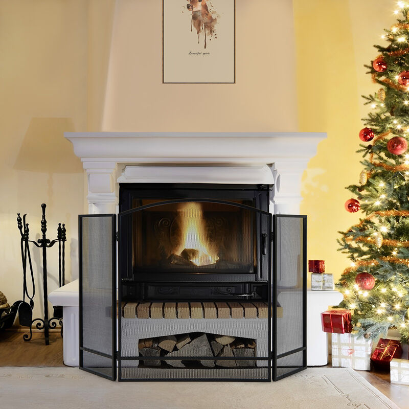 3-Panel Foldable Fireplace Screen with Wrought Metal Mesh-Black image number 4