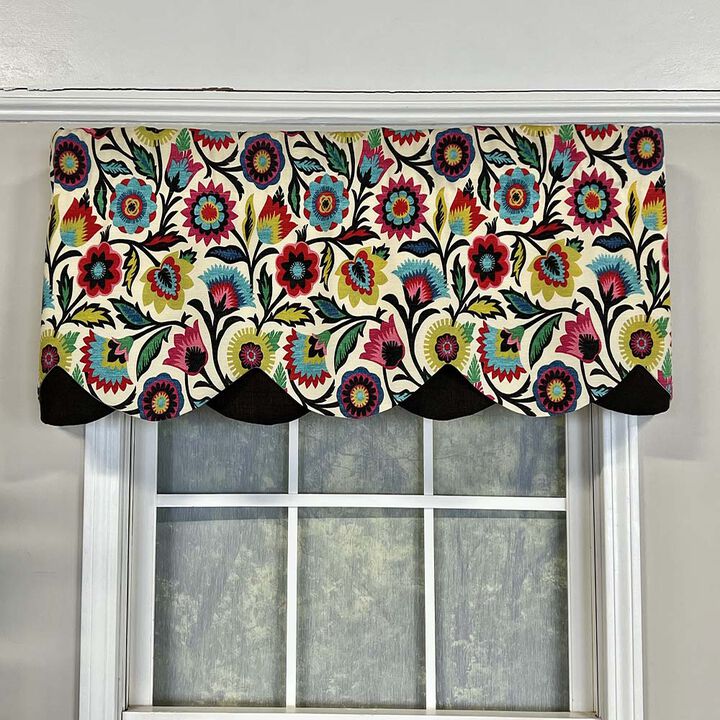 RLF Home Fiesta Floral Petticoat Window Treatment High Quality Valance 3" Rod Pocket 50" x 15" Black/Multicolor