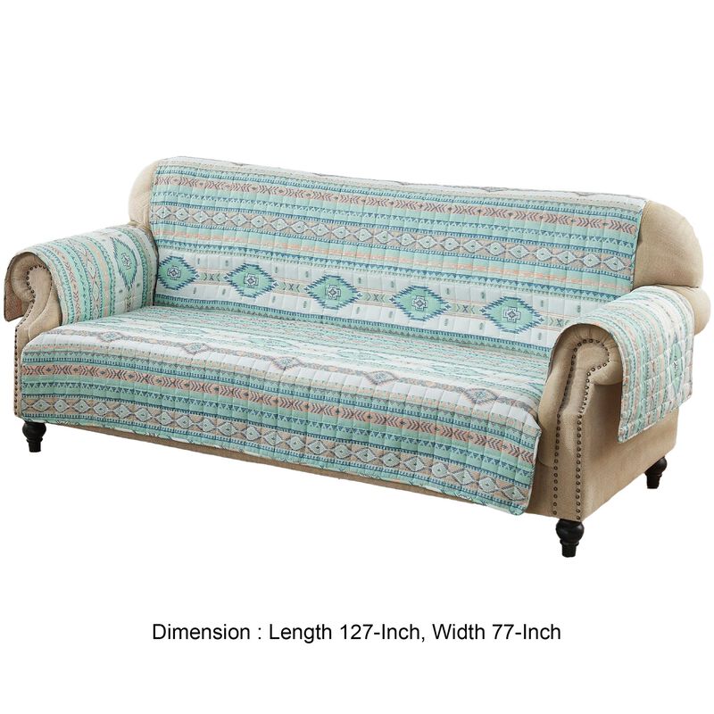 Linda 127 Inch Quilted Sofa Cover with Geometric Print, Turquoise Polyester - Benzara