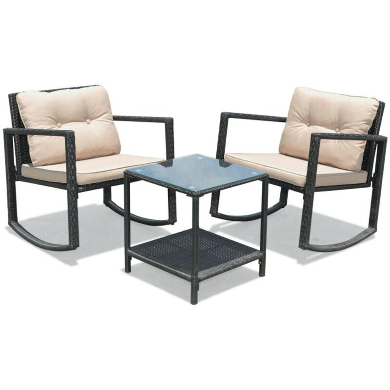 Hivvago 3 Pieces Cushioned Patio Rattan Set with Rocking Chair and Table
