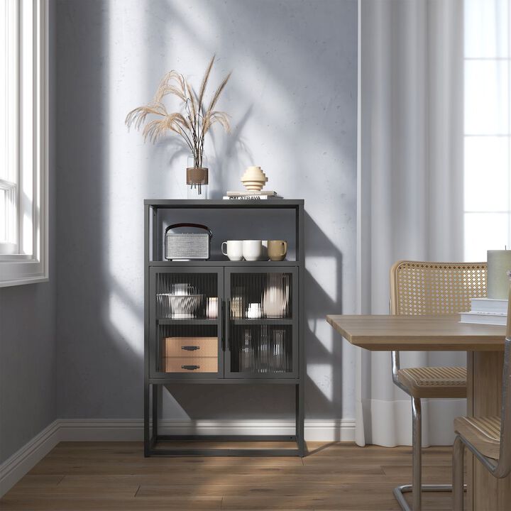 Glamour Home 41.34 Black Two Door Storage Cabinet Fluted Clear Doors Above Cabinet Display