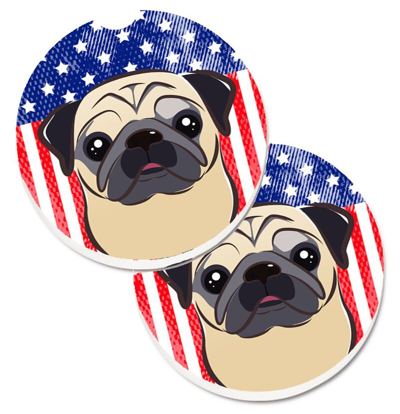 Caroline's Treasures American Flag & Fawn Pug Set of 2 Cup Holder Car Coasters BB2192CARC, 2.56, Multicolor