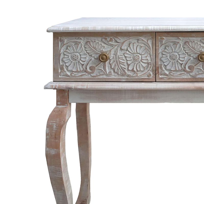 2 Drawer Mango Wood Console Table with Floral Carved Front, Brown and White-Benzara
