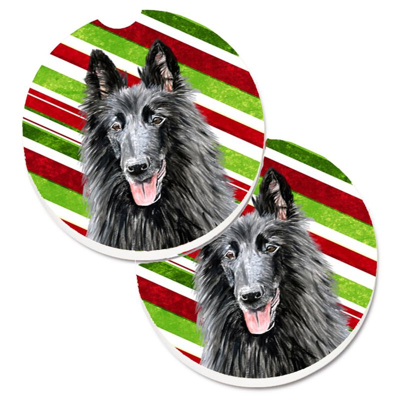 Caroline's Treasures Belgian Sheepdog Candy Cane Holiday Christmas Set of 2 Cup Holder Car Coasters SC9358CARC, 2.56, Multicolor image number 0