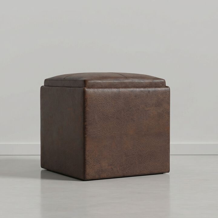 Rockwood 17 inch Wide Upholstered Vegan Leather Square Storage Ottoman with Tray, Aged Brown
