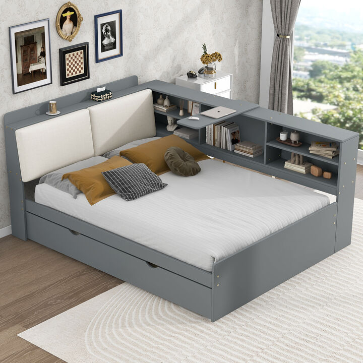 Whisen Wood Full Size platform bed with Trundle, Shelves and Storage Headboard