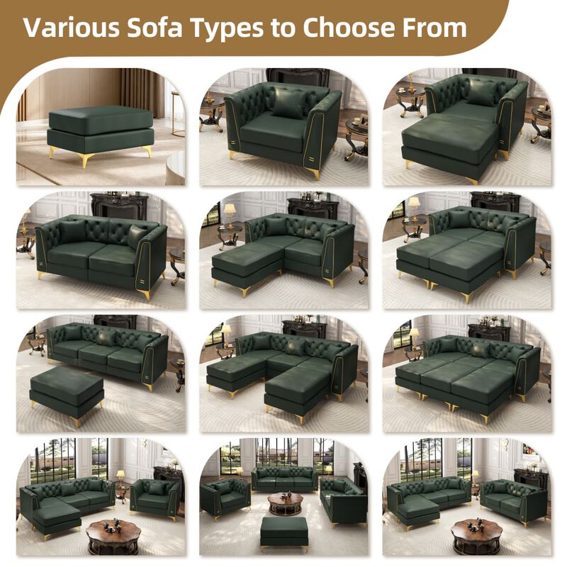 Modular Chesterfield Sofa Chair with Ottoman, Faux Leather Tufted Seating for Apartment, Metal Trim Arms and Tapered Legs image number 6