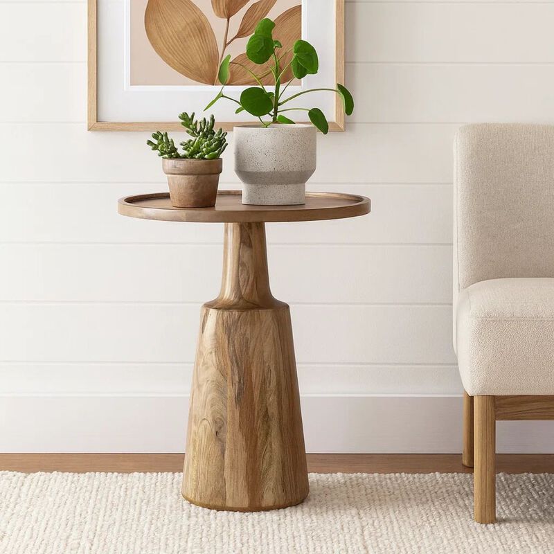 Coch 24 Inch Artisan Accent Table with Round Tabletop, Tapered Base, Brown image number 8