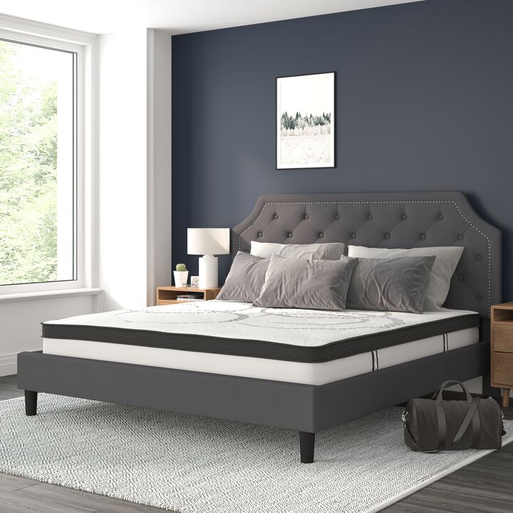Brighton King Size Tufted Upholstered Platform Bed in Dark Gray Fabric with 10 Inch CertiPUR-US Certified Pocket Spring Mattress