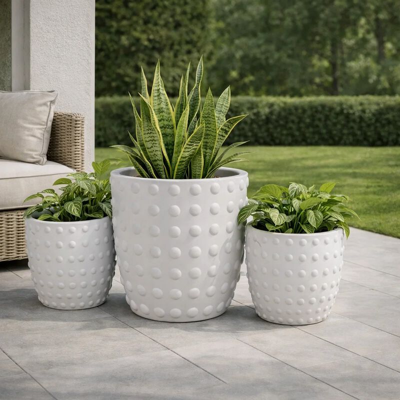 Planter Set of 3, White Resin, Smooth Round Dotted Texture, 15 12 10 Inch image number 6