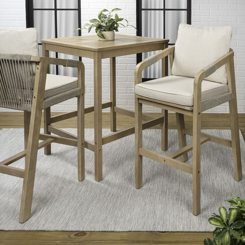 Porto Modern Coastal 3-Piece Acacia Wood Outdoor Square Bar Table Set with Cushions