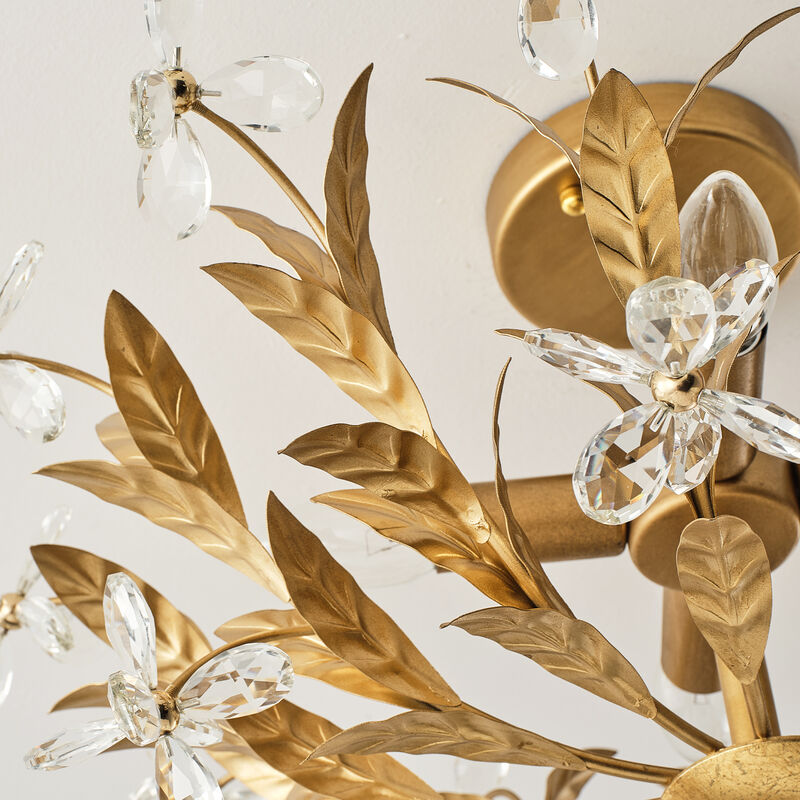 23.6" 4-Light Modern Antique Gold Leaf Shaped Crystal Flower Semi-Flush Mount Ceiling Light for Bedroom or Etryway image number 8